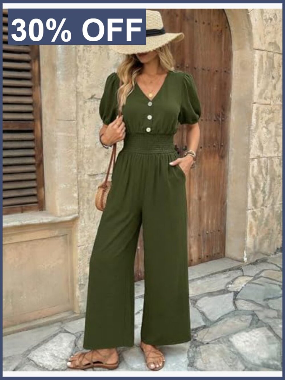 Short Sleeve V Neck Wide Leg Jumpsuit Romper One Piece Outfit - Picture 5 of 7